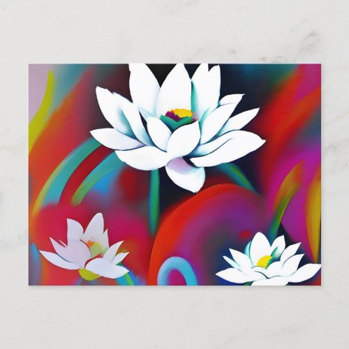 White lotus flowers on a colorful background postcard