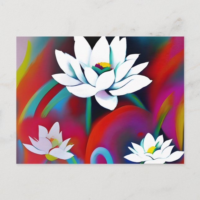 White lotus flowers on a colorful background postcard (Front)