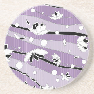 White Lotus Flowers on Purple Stripes Drink Coaster