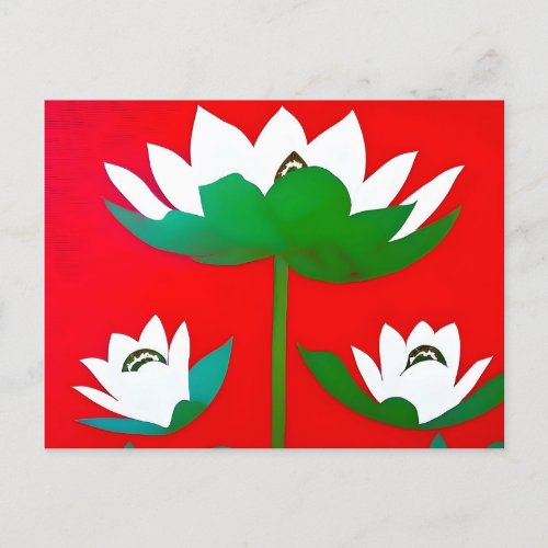 White lotus flowers on red background postcard