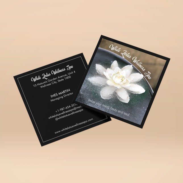 White Lotus in Water Wellness Spa Black Square Business Card (Creator Uploaded)
