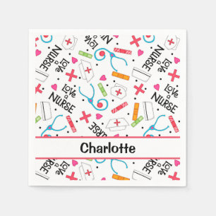 White Love a Nurse Whimsy Art Personalized Party Napkins