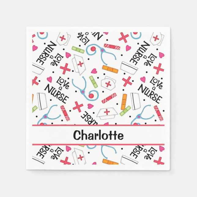 White Love a Nurse Whimsy Art Personalized Party Napkins (Front)