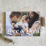 White Love and Light Typography Photo Hanukkah Holiday Card<br><div class="desc">Love and light | Send your Hanukkah greetings to family and friends with this customizable Hanukkah card. It features retro bold typography. Personalize this photo Hanukkah card by adding your details. This photo Hanukkah card is available in other colors and cardstock. Matching items are also available.</div>