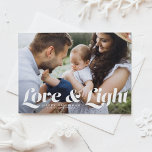 White Love and Light Typography Photo Hanukkah Holiday Postcard<br><div class="desc">Love and light | Send your Hanukkah greetings to family and friends with this customizable Hanukkah postcard. It features retro bold typography. Personalize this photo Hanukkah card by adding your details. This photo Hanukkah postcard is available in other colors and cardstock. Matching items are also available.</div>