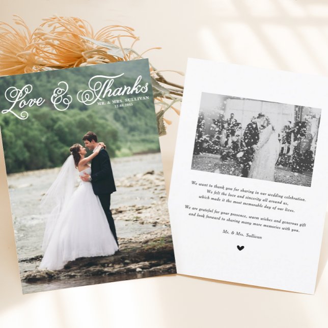 White Love and Thanks Pretty Script Photo Wedding Thank You Card (Creator Uploaded)