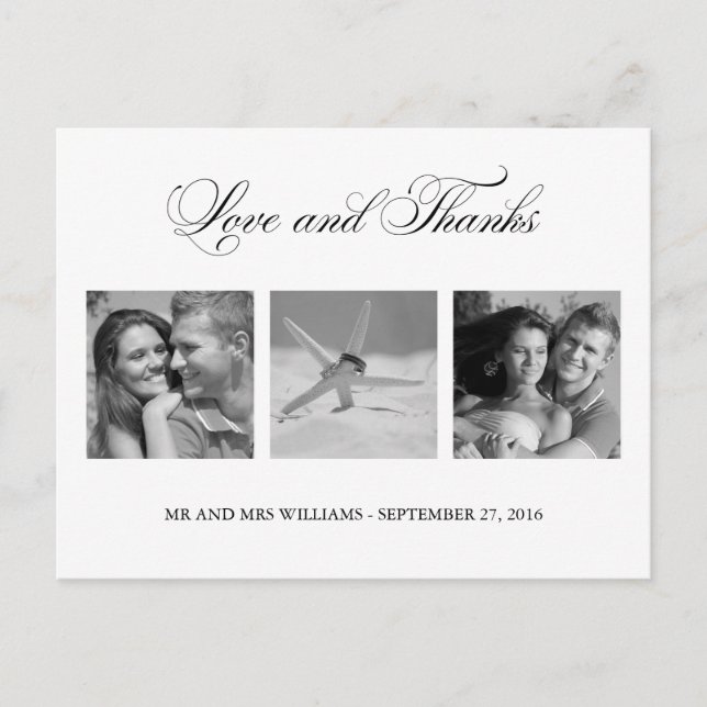 White Love and Thanks Wedding 3-Photo Template Postcard (Front)