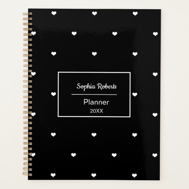 White Love Hearts Black Pattern Planner (Front)