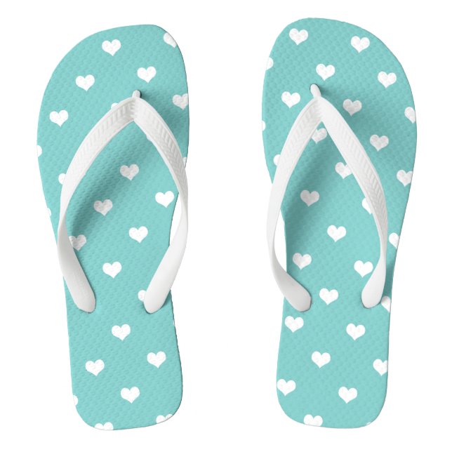 White love hearts on turquoise flip flops (Footbed)