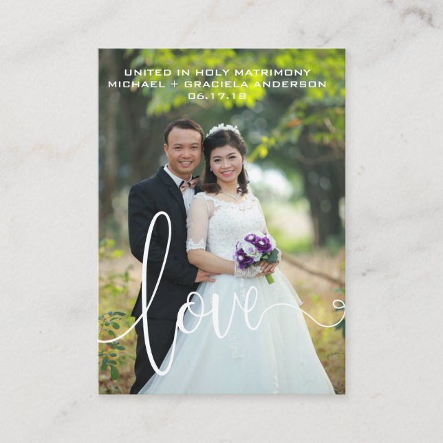 White Love Script Overlay Wedding Favor Holy Card (Front)