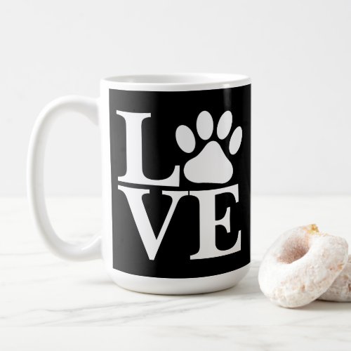 White LOVE Word Dog Paw Print On Black Background Coffee Mug