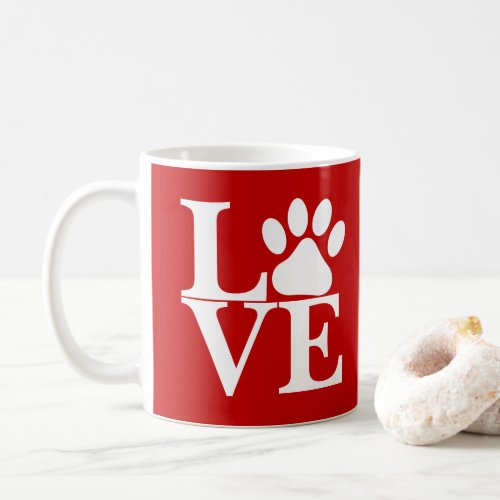 White LOVE Word Dog Paws Pattern On Red Background Coffee Mug