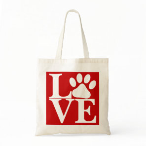White LOVE Word Dog Paws Pattern On Red Background Tote Bag