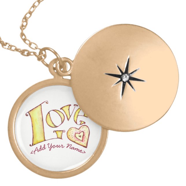 White Love Word with Heart Gold Locket (Front)