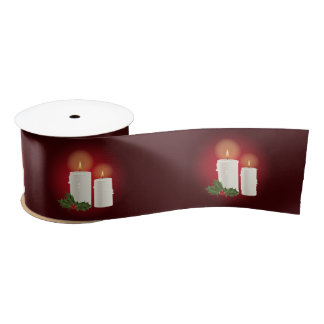 White Lovely Christmas Candles On Red With Holly Satin Ribbon
