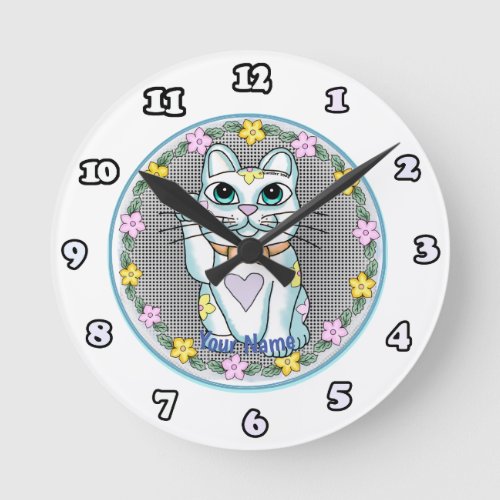 White Lucky Cat custom name clock