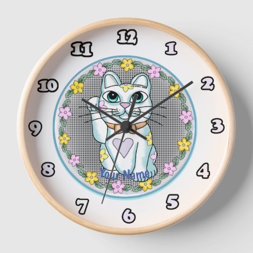 White Lucky Cat custom name clock