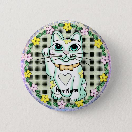 White Lucky Cat custom name pin