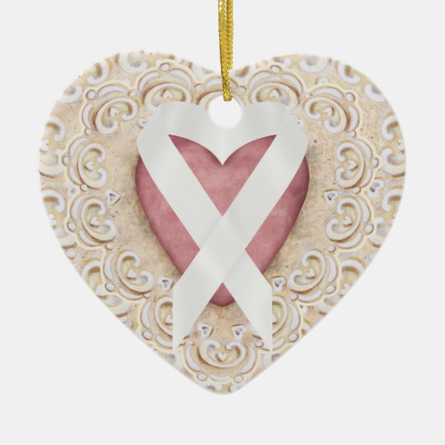 White Lung Cancer Ribbon From the Heart - SRF Ceramic Ornament (Front)