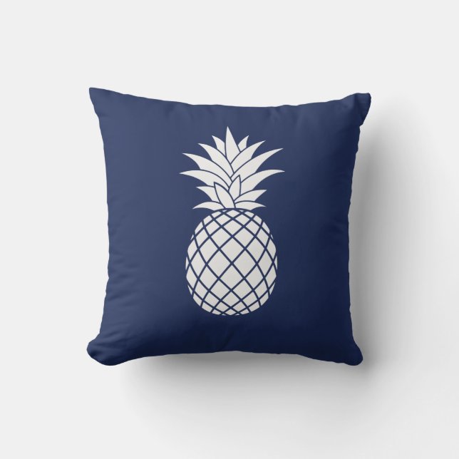 White Luxe Pineapple on Navy Blue Throw Pillow (Front)