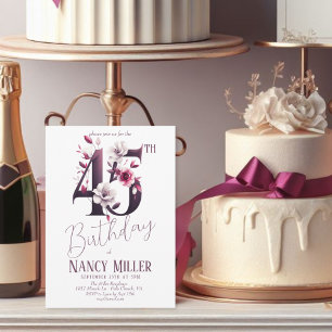 White & Magenta Flowers 45th Birthday Invitation