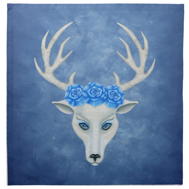 White Magical Deer Head Antlers Roses on Blue