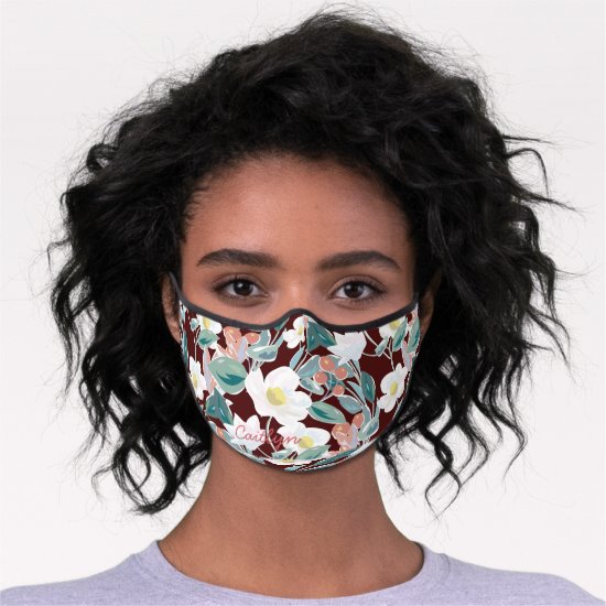 White Magnolia & Berry Pattern Burgundy Premium Face Mask