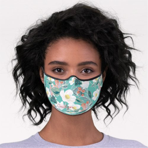 White Magnolia  Berry Pattern Light Teal Premium Face Mask