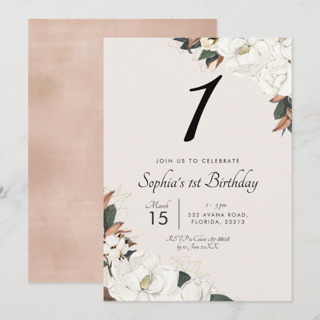 White Magnolia Birthday Party Invitation (Front/Back)