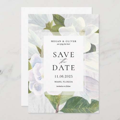 White Magnolia Blooms Wedding Save the Date Card