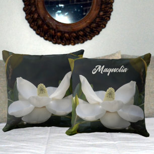 White Magnolia Blossom Floral Botanical Dark Green Throw Pillow