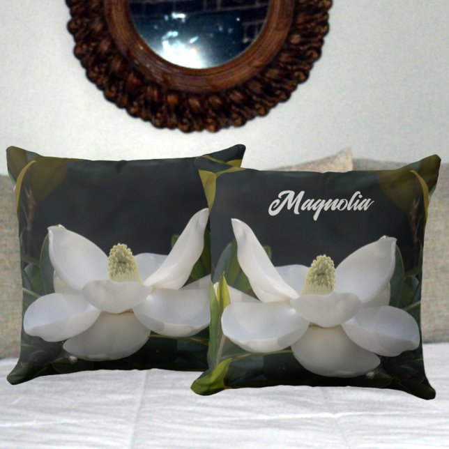White Magnolia Blossom Floral Botanical Dark Green Throw Pillow (Creator Uploaded)
