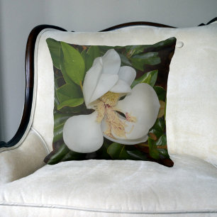 White Magnolia Blossom Floral Green and White Throw Pillow