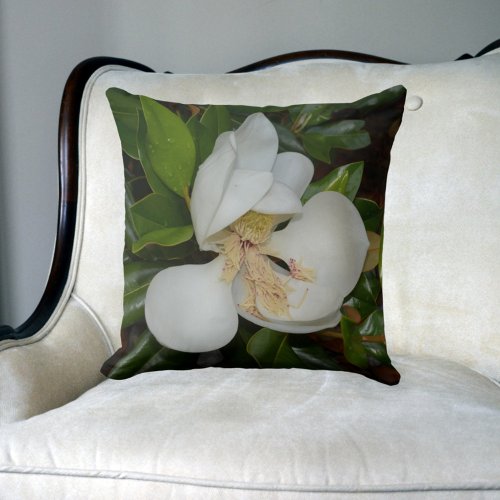 White Magnolia Blossom Floral Green and White Throw Pillow