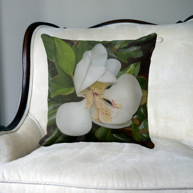 White Magnolia Blossom Floral Green and White Throw Pillow (Creator Uploaded)