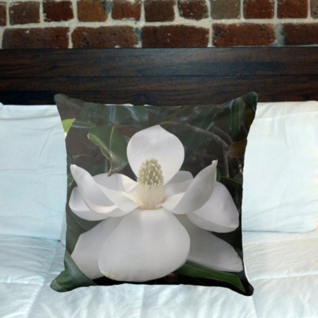 White Magnolia Blossom Floral Photographic Throw Pillow (Creator Uploaded)