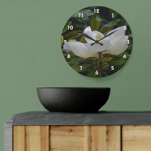 White Magnolia Blossom on Dark Green Photographic Large Clock