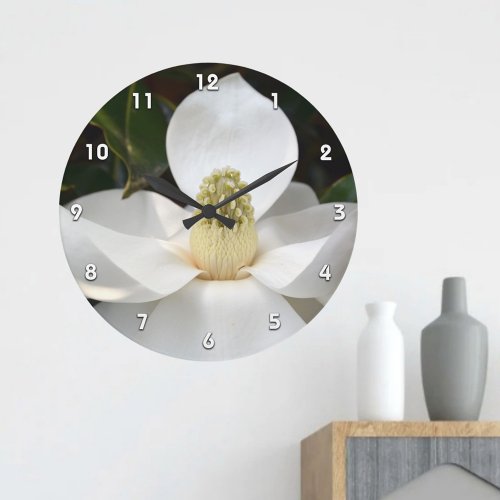 White Magnolia Blossom Photographic Botanical Large Clock