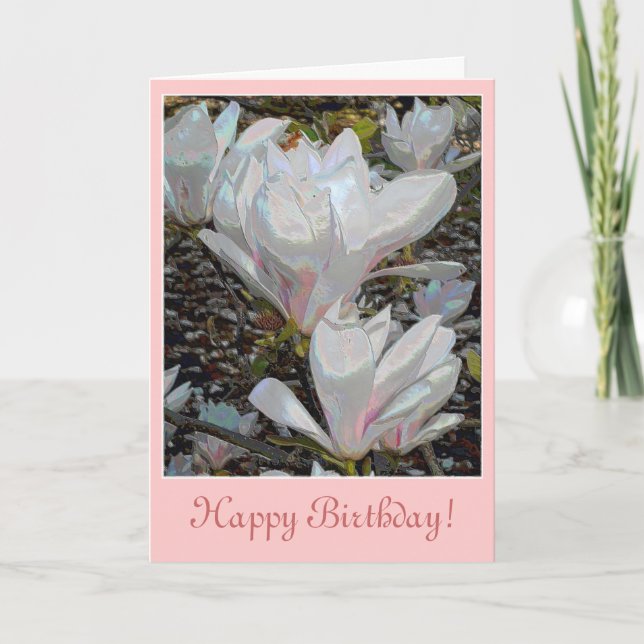 White Magnolia Blossoms Birthday Card (Front)