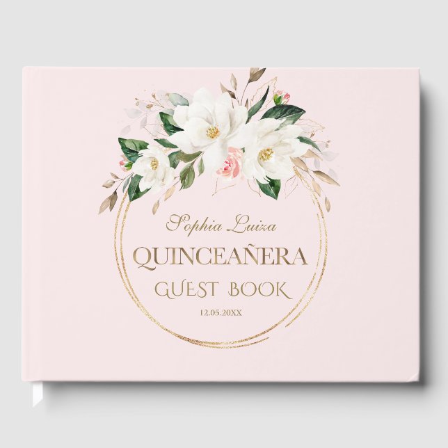 White Magnolia Blush Floral Gold Quinceañera  Guest Book (Front)