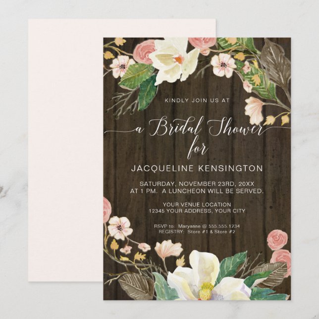 White Magnolia Blush Floral Rustic Barn Wood Invitation (Front/Back)