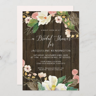 White Magnolia Blush Floral Rustic Barn Wood Invitation