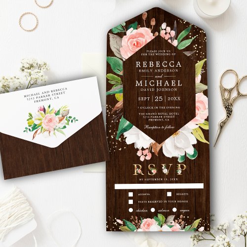 White Magnolia Blush Pink Floral Barn Wood Wedding All In One Invitation