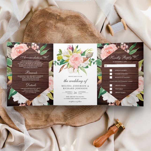 White Magnolia Blush Pink Floral Barn Wood Wedding Tri-Fold Invitation (Creator Uploaded)