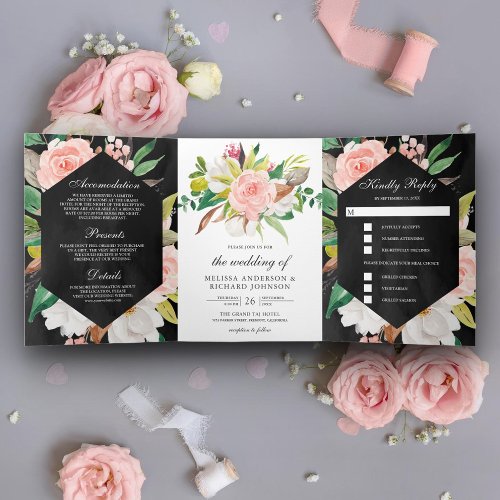 White Magnolia Blush Pink Floral Black Wedding Tri_Fold Invitation