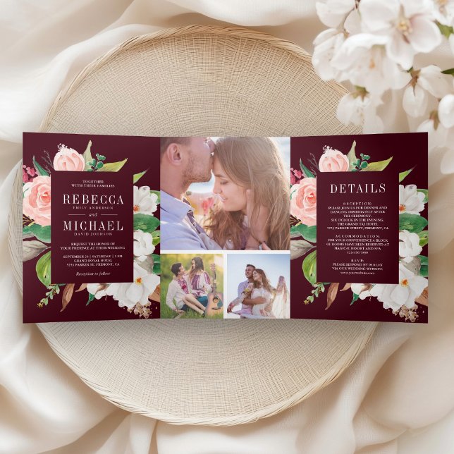 White Magnolia Blush Pink Floral Burgundy Wedding Tri-Fold Invitation (Creator Uploaded)