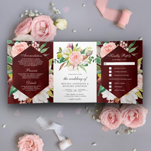 White Magnolia Blush Pink Floral Burgundy Wedding Tri_Fold Invitation