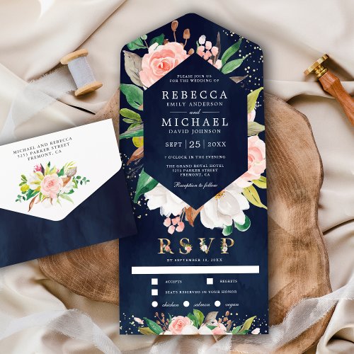 White Magnolia Blush Pink Floral Navy Blue Wedding All In One Invitation