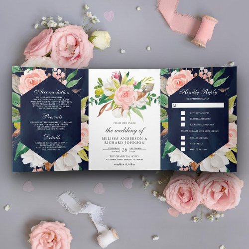 White Magnolia Blush Pink Floral Navy Blue Wedding Tri_Fold Invitation