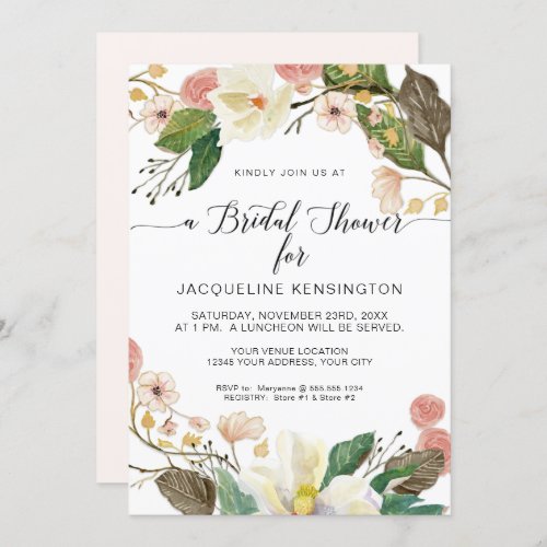 White Magnolia Blush Pink Floral Twig n Foliage Invitation